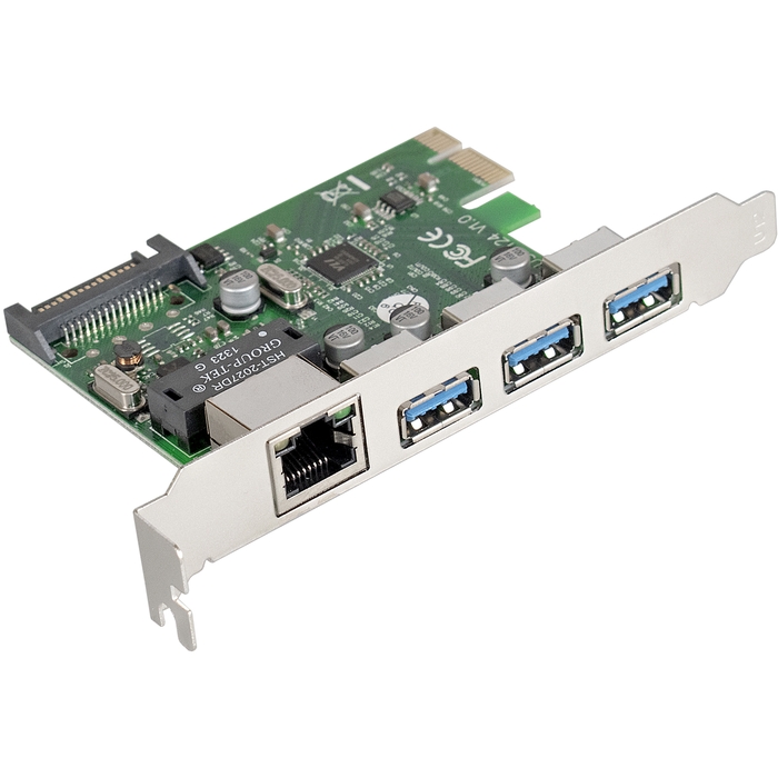 Контроллер EXE-361 PCI-E 2.0, 3 x USB 3.0 ext + LAN UTP 1000Mbps, разъем доп.питания